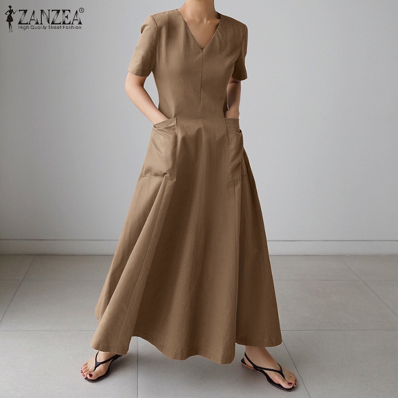 Đầm ZANZEA dáng dài ngắn tay cổ V dễ phối đồ thời trang thường ngày cho nữ