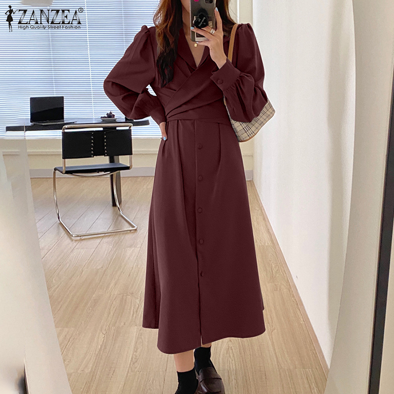 Váy Maxi ZANZEA Tay Phồng Cổ Tim Màu Trơn Kiểu Dáng Thanh Lịch Dành Cho Nữ | BigBuy360 - bigbuy360.vn