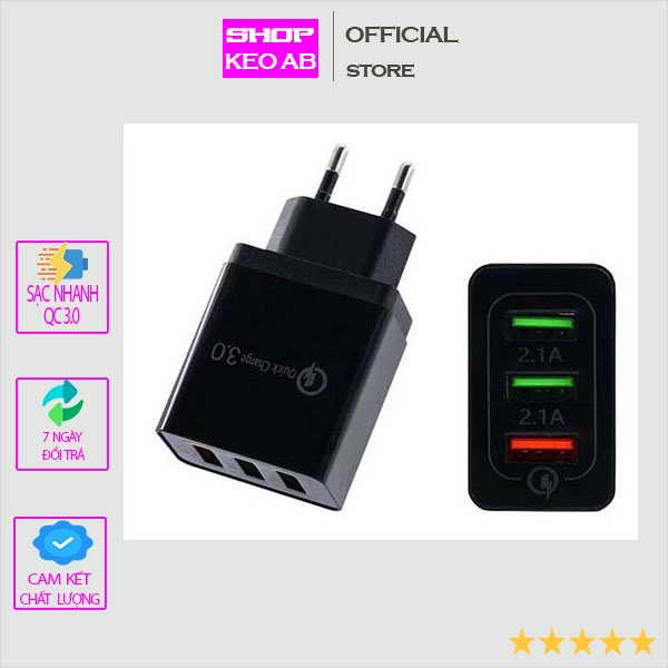 Sạc Điện Thoại QC 3.0, Sạc Nhanh 5V-3A / 9V-2A / 12V-1,6A | 3 Cổng USB Đầu Ra