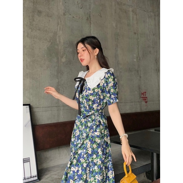 Đầm hoa công sở cổ tim trắng bầu mặc được Julie BT086