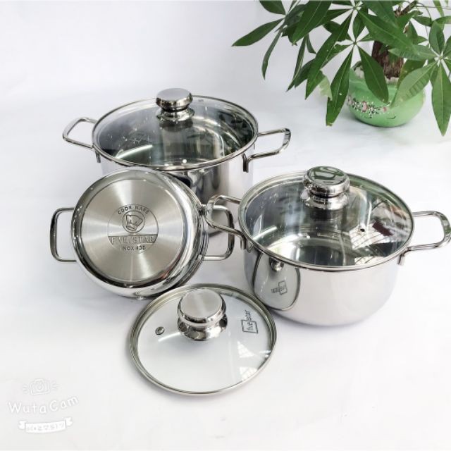 Bộ nồi chảo cao cấp Fivestar 4 chiếc nắp kính , tặng 2 vá canh, inox 430, dùng được bếp từ , gas, hồng ngoại