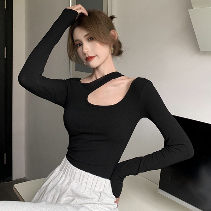 Áo kiểu tay dài cổ yếm hở ôm dáng vừa vặn màu trơn phong cách Hàn Quốc quyến rũ