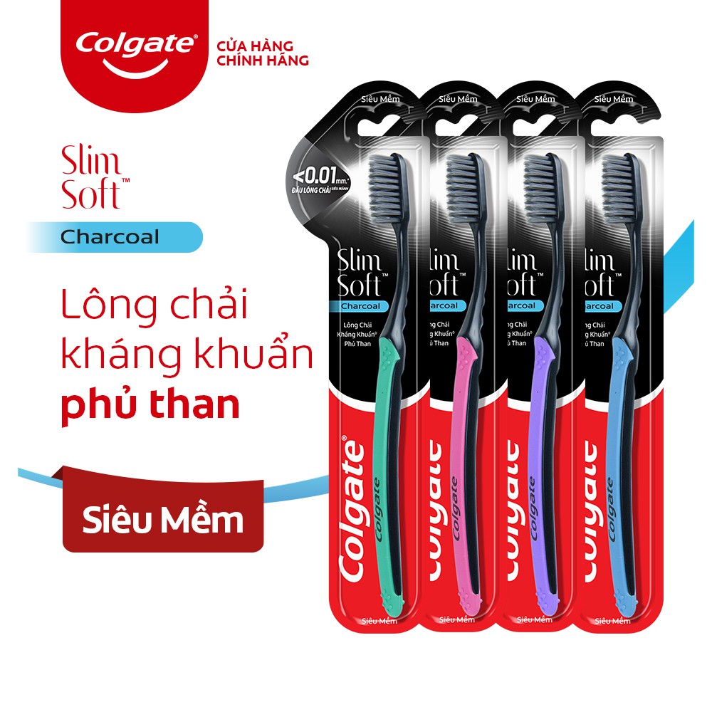 [Mã COSCOL3 giảm 8% đơn 250K] Bộ 4 Bàn chải đánh răng Colgate than hoạt tính kháng khuẩn SlimSoft Charcoal mềm mảnh