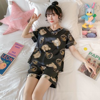 Bộ mặc nhà nữ đồ ngủ lụa cute cổ tim