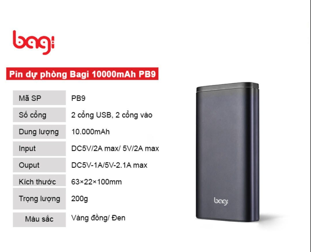 Pin sạc dự phòng 10000mAh Bagi P9 2 cổng USB