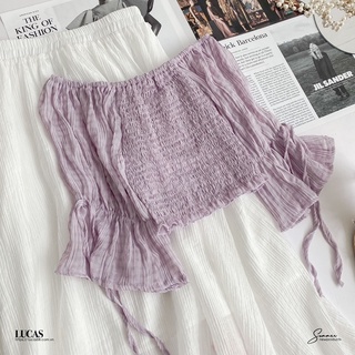 Áo sơ mi tím mimi trễ vai bo chun tay cộ thân croptop