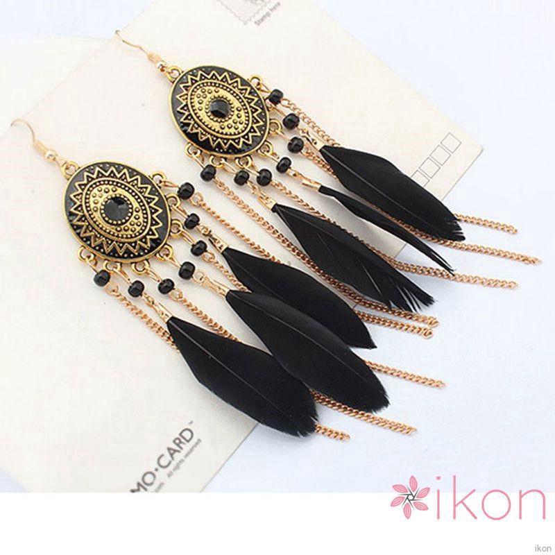 Women Vintage Ethnic Style Fringed Feather Tassel Earrings Bohemian Jewelry