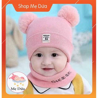 Set Mũ Len 2 Quả Bông Kèm Khăn Cho Bé 💗