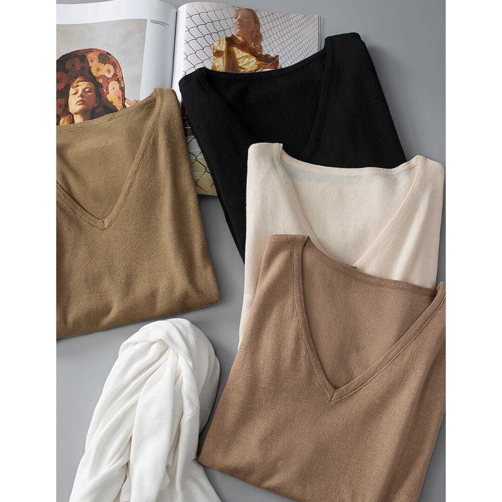 Áo Thun Dệt Kim Tay Ngắn Cổ Chữ V Màu Sắc Đơn Giản Thời Trang Cho Nữ