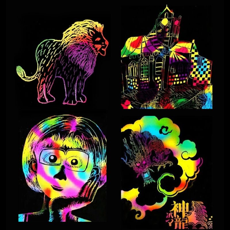 Bộ 50 Miếng Giấy Cào Nghệ Thuật Màu Đen Cầu Vồng Cho Bé