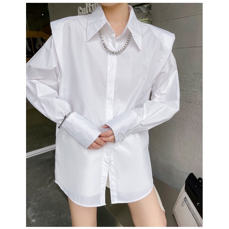 Áo sơ mi dáng dài độn cầu vai koreastyle