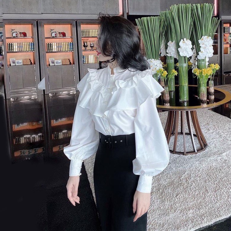 Áo Sơ Mi Nút Ngọc Bèo Tầng Cổ Trụ