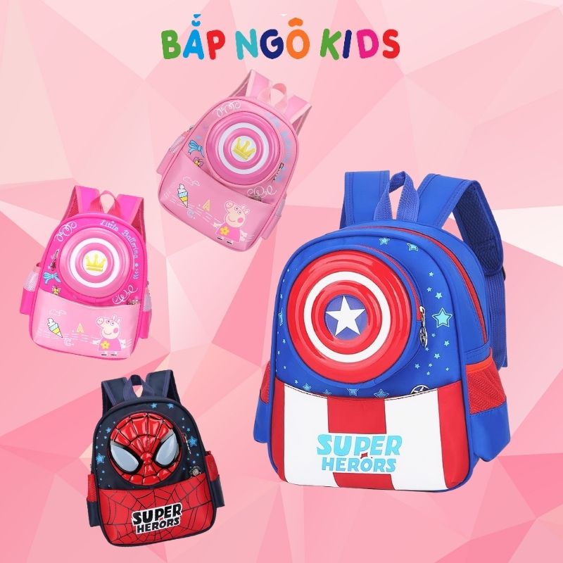 Balo cho bé trai, bé gái, balo siêu nhân, người nhện, caption, peppa cho bé từ 1-6 tuổi đi học,đi chơi Bắp Ngô Boutique