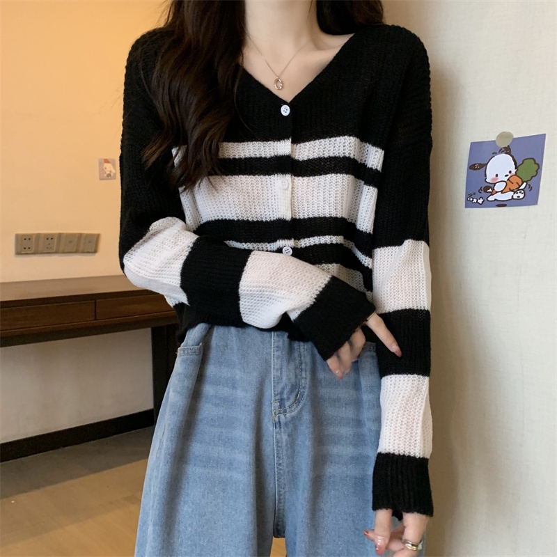 Áo cardigan SUXI dệt kim mỏng tay dài cổ chữ V dáng rộng họa tiết kẻ sọc phong cách cổ điển Hàn Quốc cho nữ