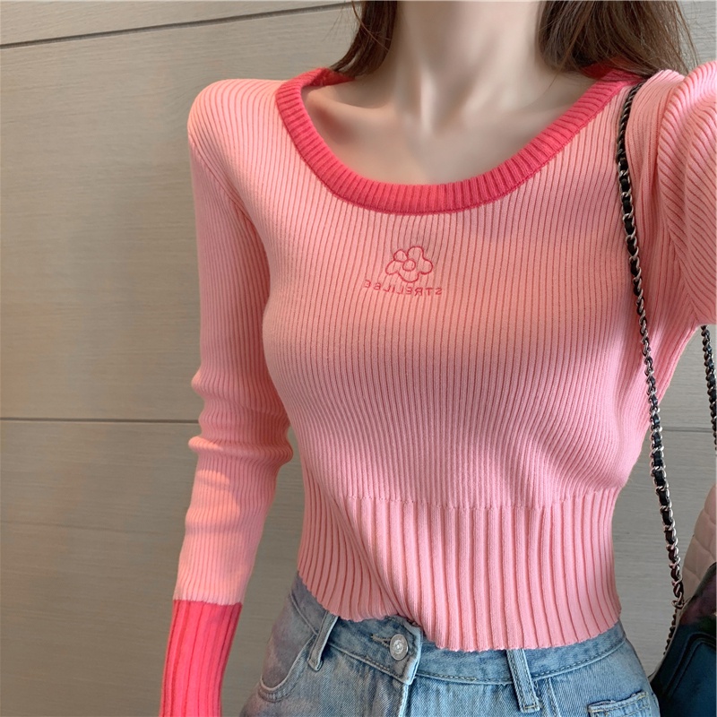 【ZHELIHANGFEI】 / Áo Dệt Kim Dáng Ôm Ngắn Lưng Cao Màu Hồng Thời Trang Xuân Thu Cho Nữ