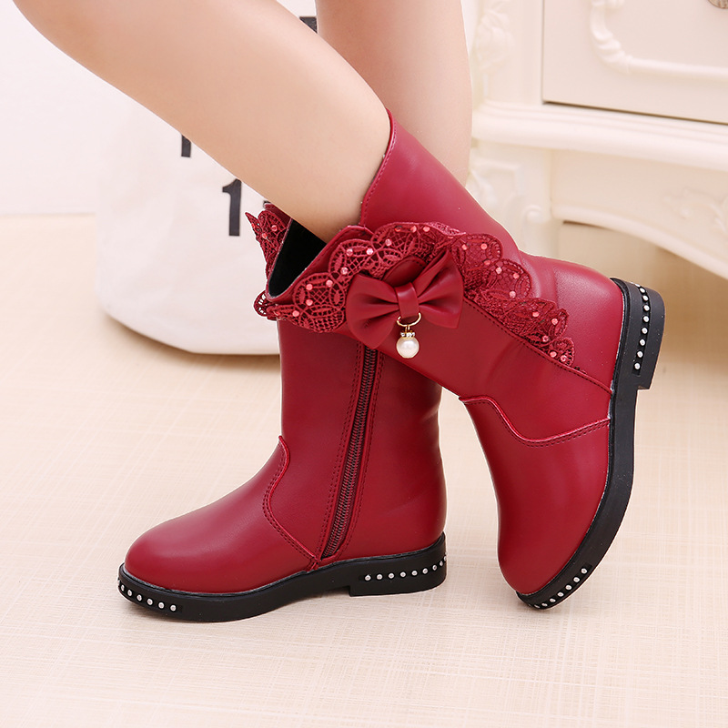 Giày boots phối ren đính nơ dễ thương xinh xắn phong cách thời trang Hàn Quốc dành cho bé gái