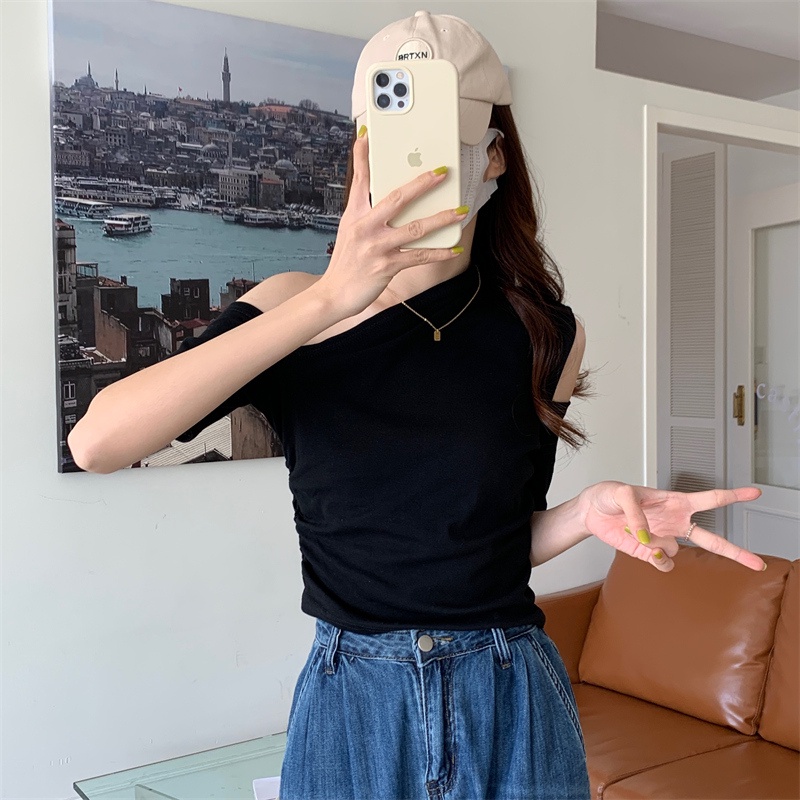 Áo nữ SUXI tay ngắn ôm dáng màu trơn lộ vai gợi cảm thời trang mùa hè