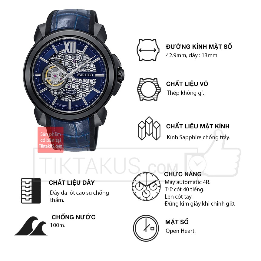 Đồng hồ nam cao cấp Seiko Limited Edition SSA375J1 Premier Automatic Novak Djokovic 43mm 100m lên cót tay kính sapphire