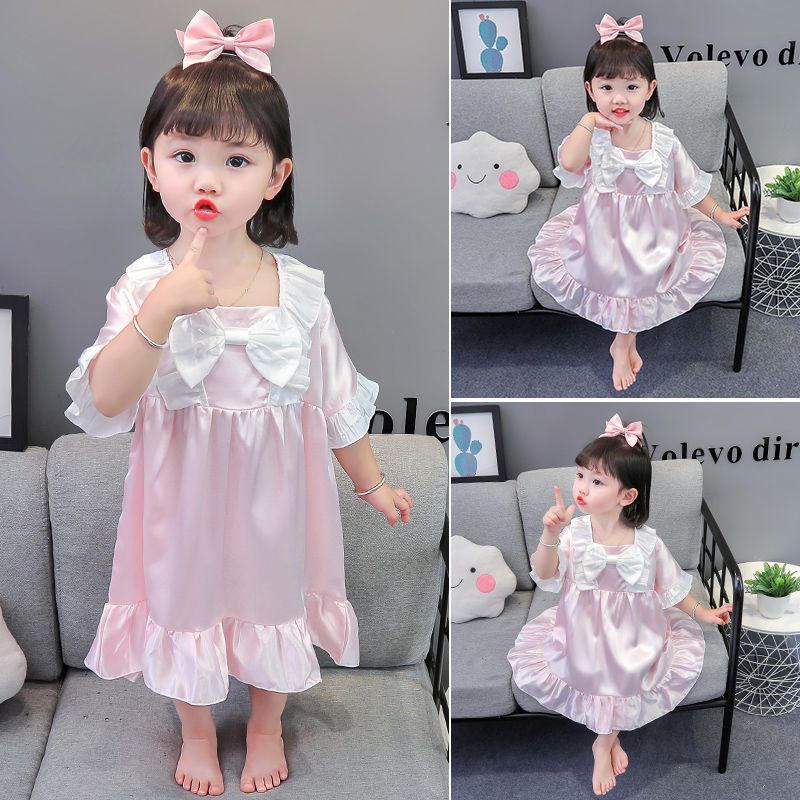 Đầm Ngủ Lụa Một Mảnh Tay Ngắn Dễ Thương Thời Trang Mùa Hè Cho Bé Gái