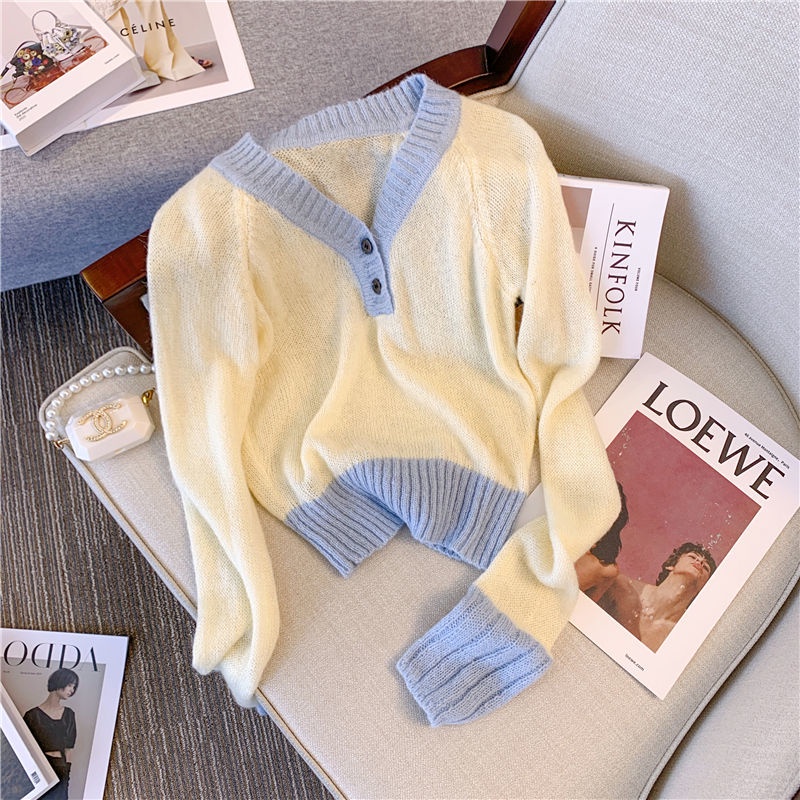 Áo sweater Cổ Chữ V Màu Sắc Tương Phản Phong Cách Hàn Quốc Thời Trang Mùa Thu Cho Nữ