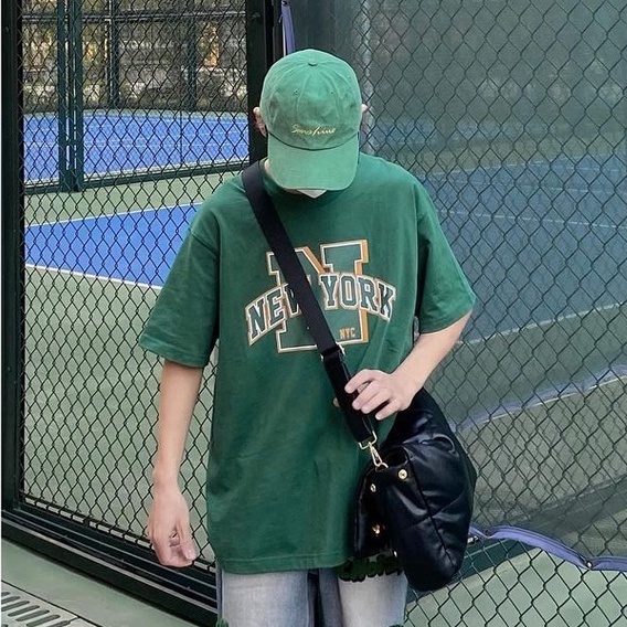 Áo thun nữ form rộng KOMOBH tay lỡ unisex xanh lá đẹp oversize, áo phông nam nữ form rộng NEWYORK