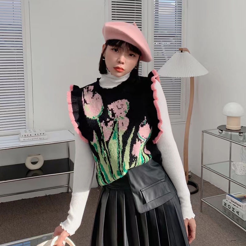 Jiashucheng Áo Sweater Sát Nách Cổ Tròn Dáng Rộng Kiểu Retro Cá Tính