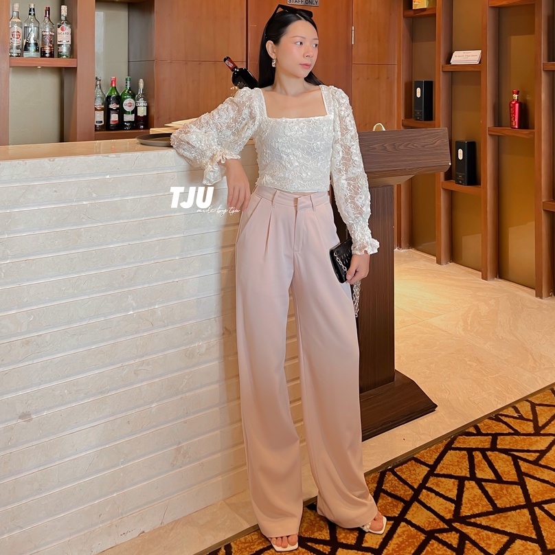 Áo tay bồng cổ vuông lưng chạy chun ren hoa LORA top (T-Ju thiết kế)
