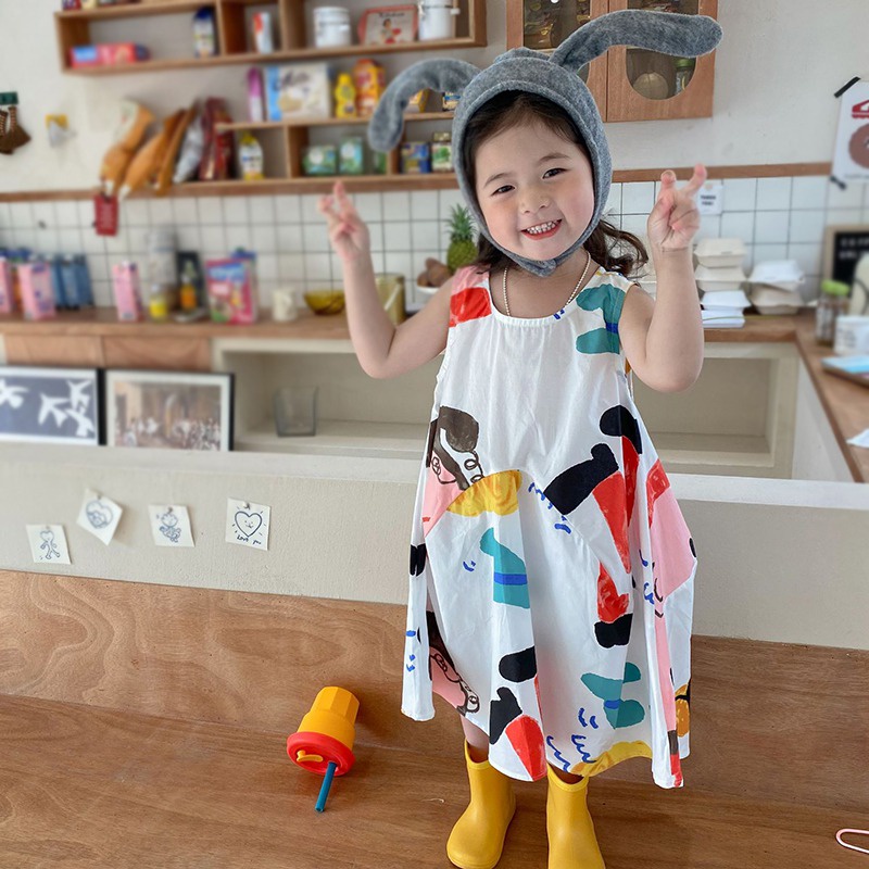 Đầm Công Chúa Sát Nách Cổ Tròn In Họa Tiết Hoạt Hình Kiểu Hàn Quốc Thời Trang Mùa Hè Cho Bé
