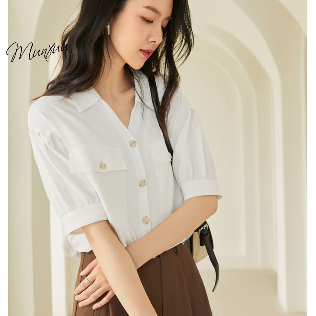 Áo sơ mi nữ tay ngắn Munxuu thời trang công sở, thiết kế túi áo kiểu, cổ áo V thanh lịch - SP45