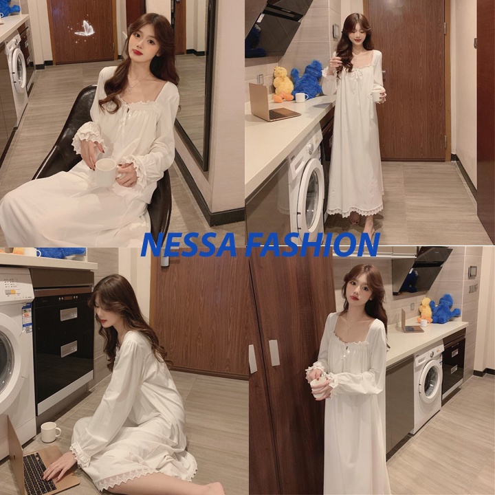 Váy Ngủ Nữ Mặc Nhà Có Đệm Ngực Vải Cotton Dài Tay Dày Đi Chơi Mùa Xuân Thu Đông Hè VN14