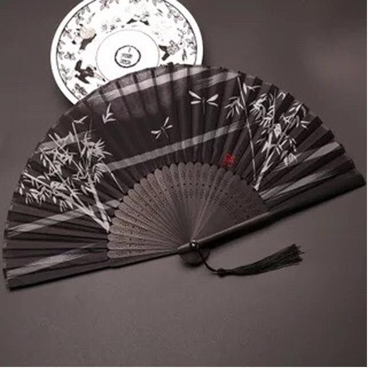 Quạt cổ trang xếp hồng cây chim đào song hỷ vải lụa nan trúc cầm tay gập gọn dây tuyến cosplay SaLe
