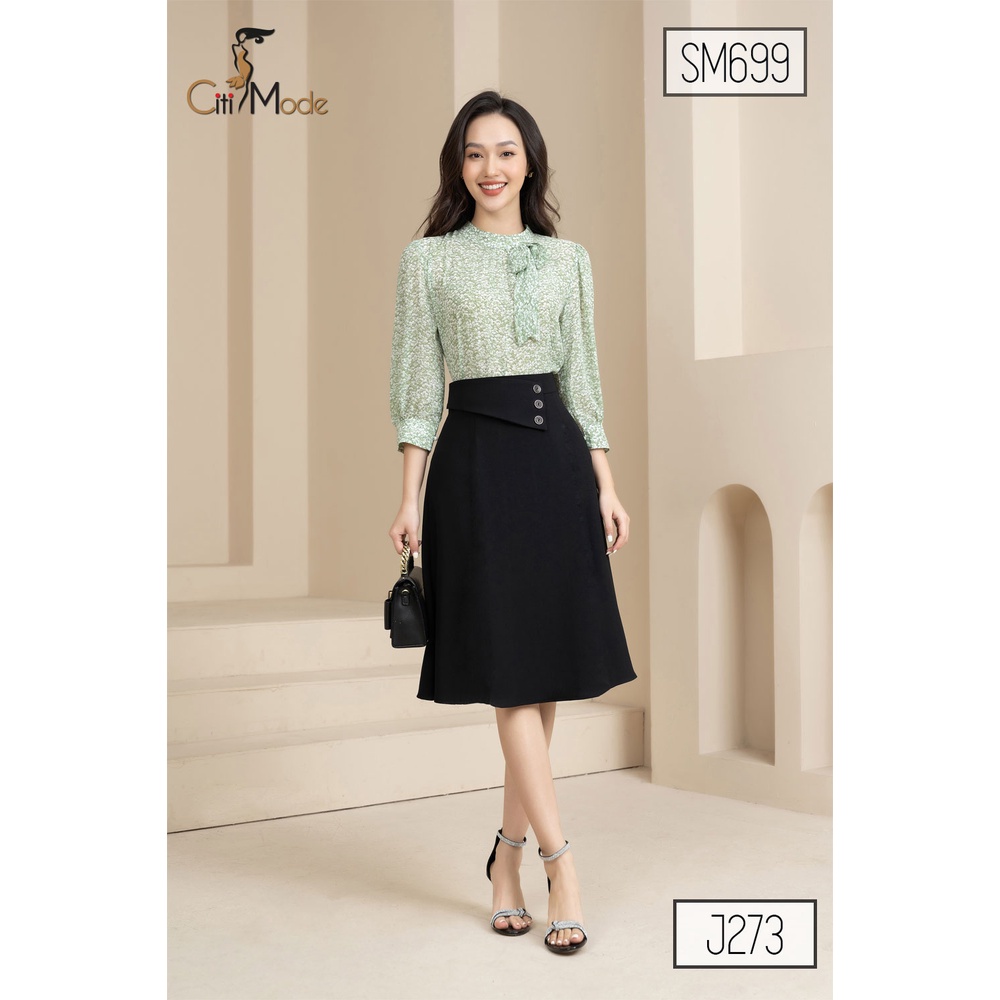 Áo sơ mi hoa nhí xanh lá tay lỡ cổ nơ SM699