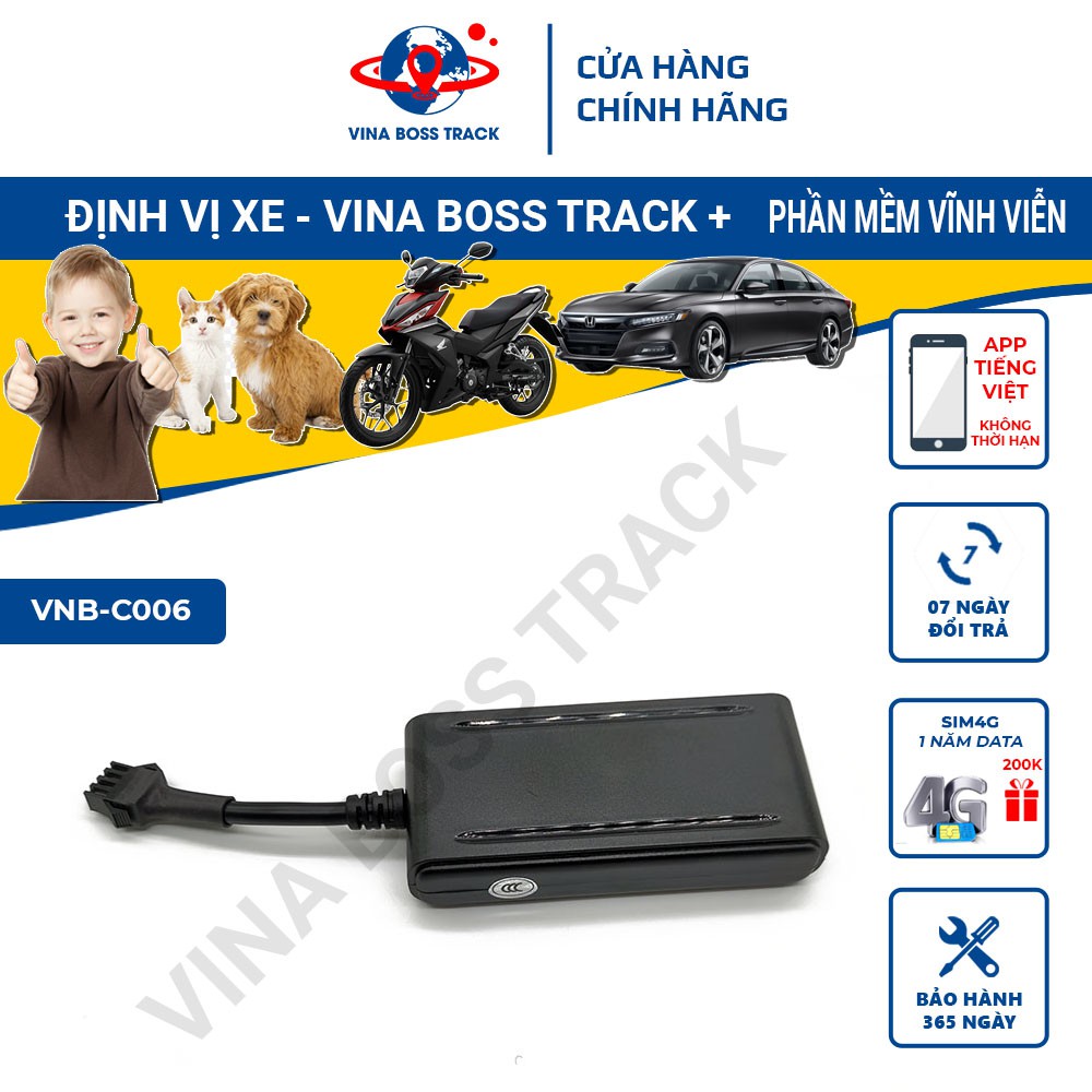 Định vị ô tô xe máy Vina Boss Track-C006, phần mềm miễn phí, bảo hành 12 tháng, ưu đãi mua sim 4G data 1 năm