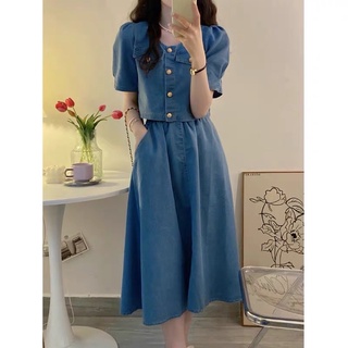 Set Đầm Denim Ngắn Tay Phong Cách Cổ Điển