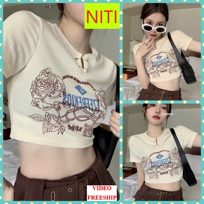 ÁO CROPTOP KIỂU LỬNG NỮ CỔ TRÒN XẺ KIM BĂNG NGẮN TAY IN HOA HỒNG MÀU TRẮNG CO GIÃN TÔN DÁNG SIÊU THỜI TRANG