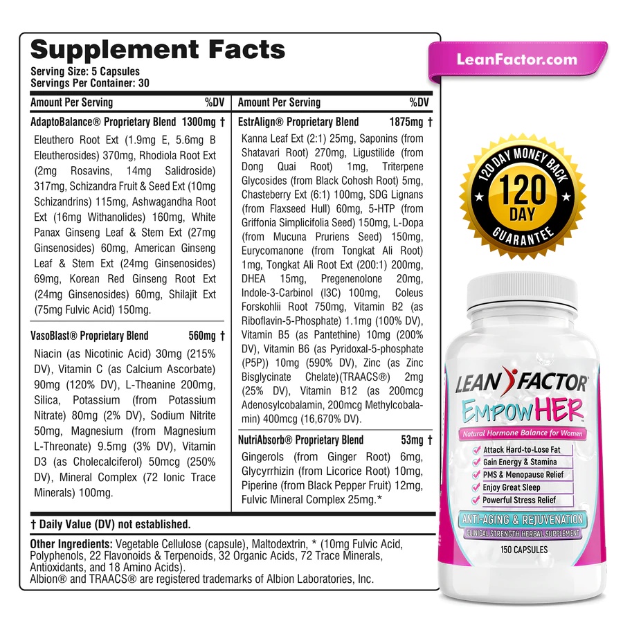 Thực phẩm sức khỏe Lean Factor EmpowHER, Ngăn ngừa lão hóa, cân bằng nội tiết tố, Giảm Stress, giúp ngủ ngon (120 Viên)