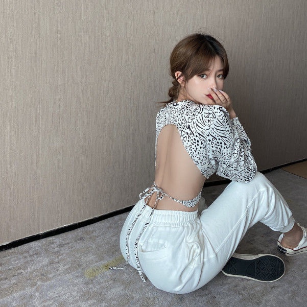 COZOK Áo Sơ Mi Tay Dài Cổ Chữ V Hở Lưng Họa Tiết Da Báo Quyến Rũ Hợp Thời Trang