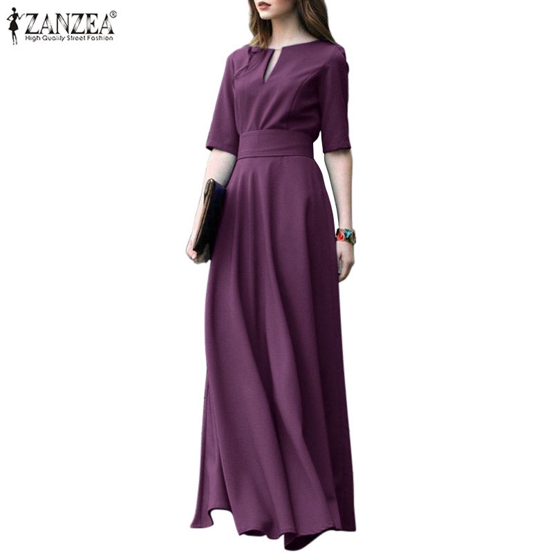 Đầm maxi Zanzea tay lửng thắt lưng phong cách vintage dành cho nữ