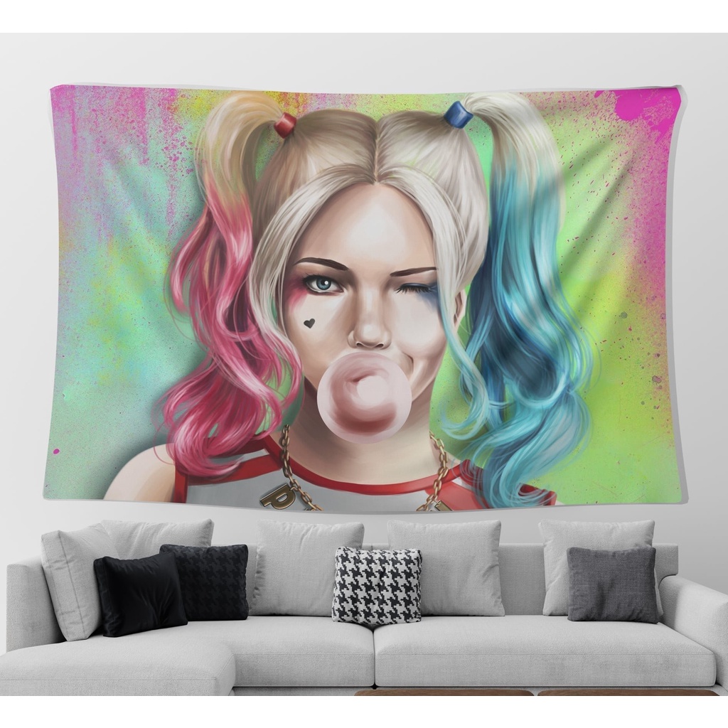 Tranh Vải Decor Harley Quinn Và Joker Chất Liệu Lụa Cao Cấp - Tặng Kèm Đèn Led