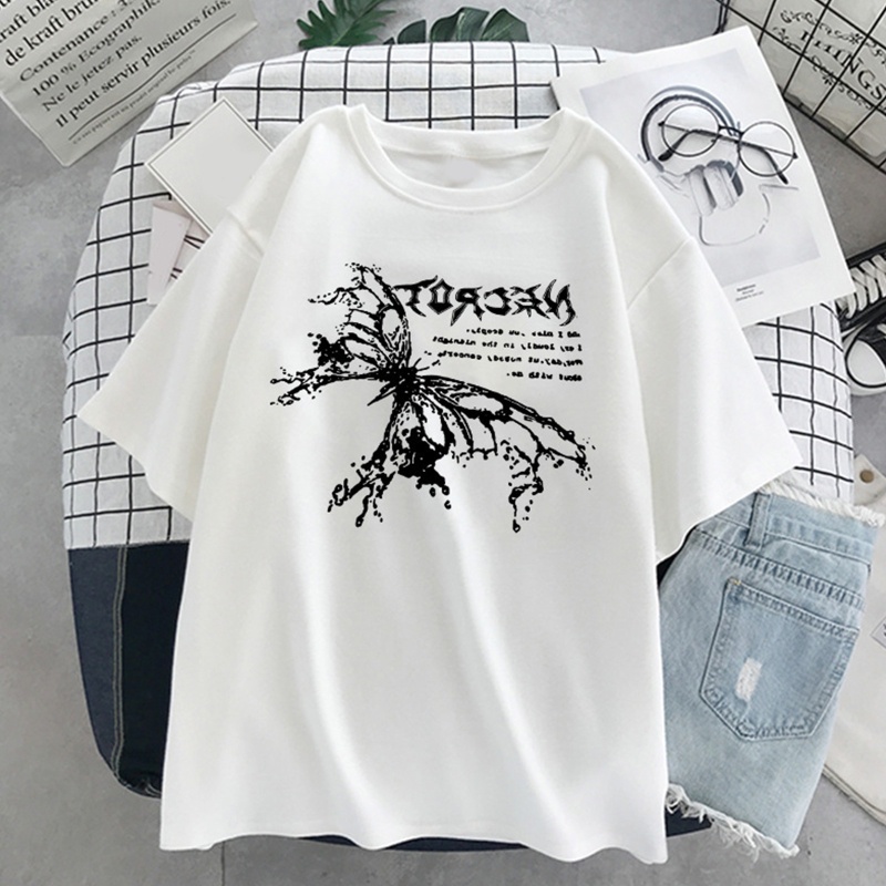 Áo Thun Nữ Tay Ngắn In Chữ Và Bướm Phong Cách Gothic