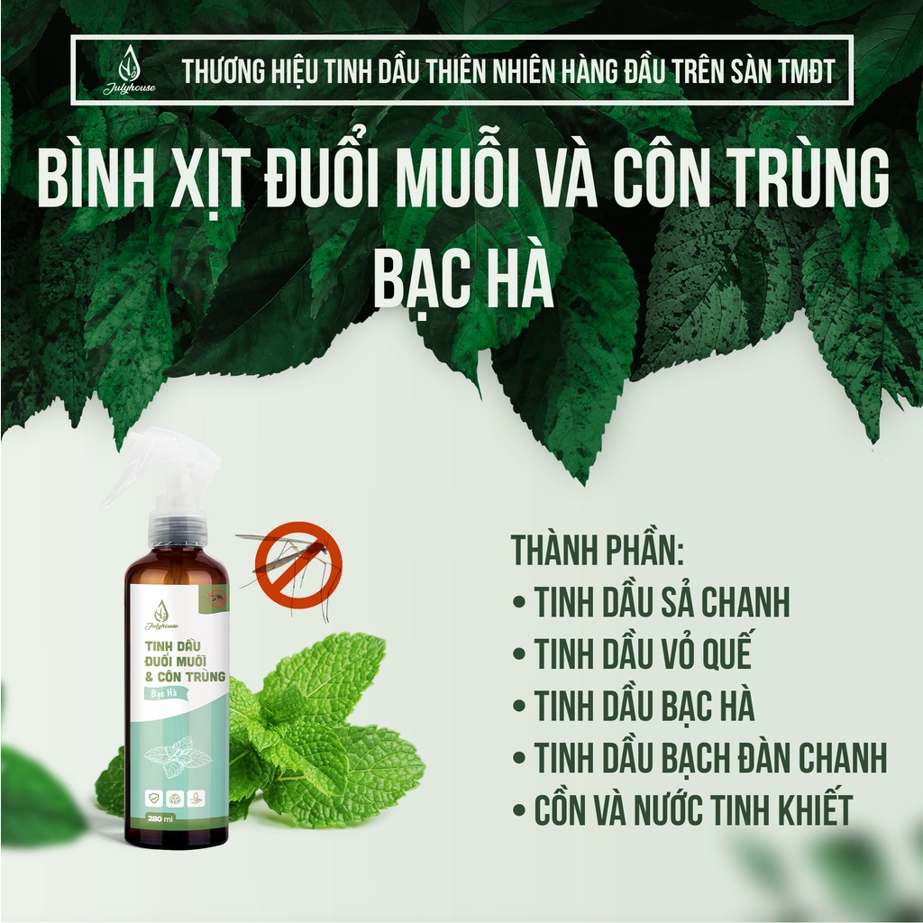 Bình xịt phòng Julyhouse 280ml tinh dầu sả chanh, bạc hà, quế, bạch đàn chanh đuổi muỗi, khử mùi hiệu quả (mùi tự chọn)