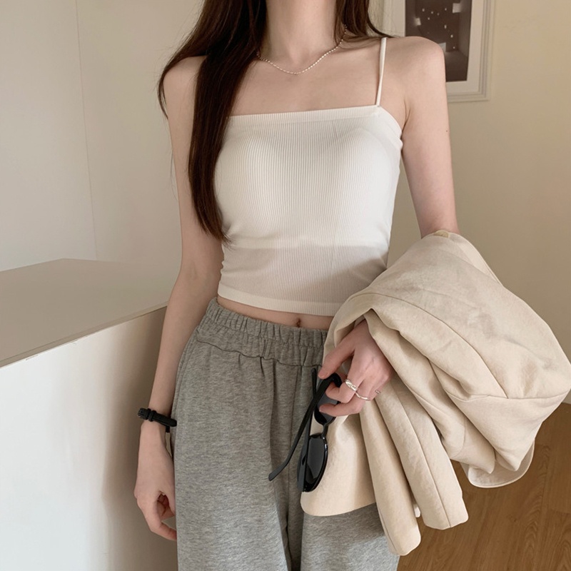 Brroa Áo Ống Hai Dây Dệt Kim Mỏng Màu Trơn Có Gân Và Đệm Ngực Cho Nữ