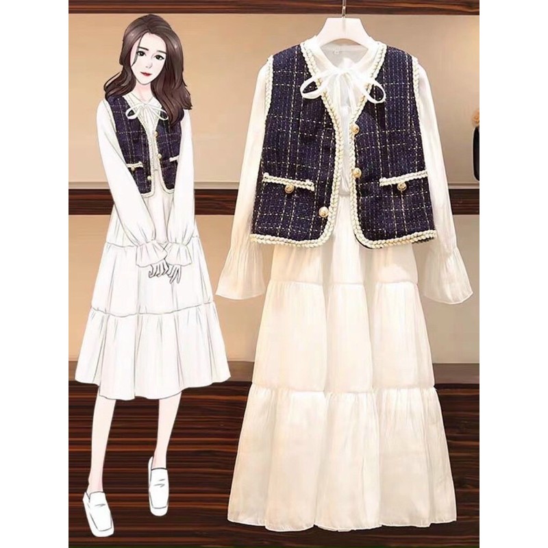 Set áo gile dạ váy tơ tầng cổ nơ