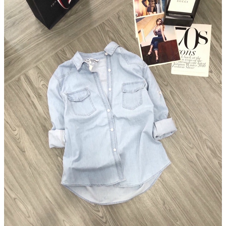Áo sơ mi jean 2 túi nắp tay dài phối nhiều style