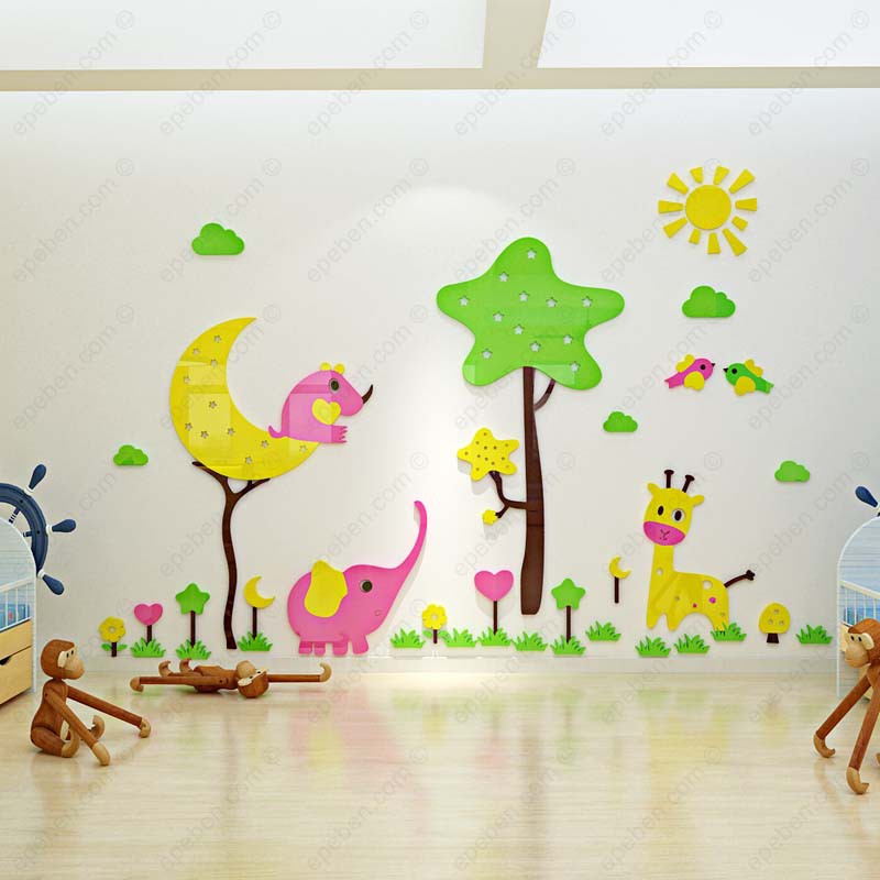 Tranh dán tường mica 3d decor khổ lớn khu vườn thú dễ thương trang trí mầm non, phòng cho bé Nhiều Size - EPeBen