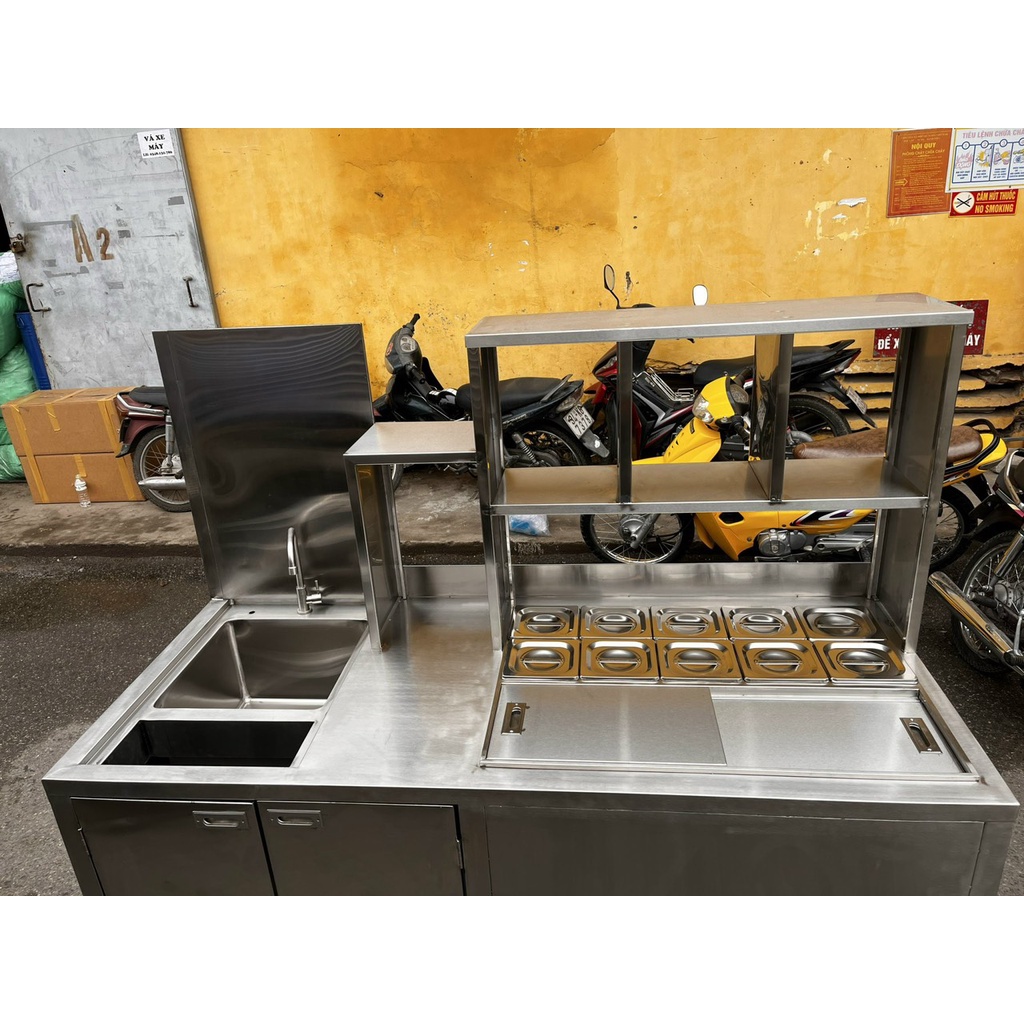 Quầy pha chế inox  đa năng kèm khay 10 topping thùng đá to