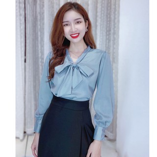 Áo sơ mi lụa trơn nơ tay dài CHUU A5236