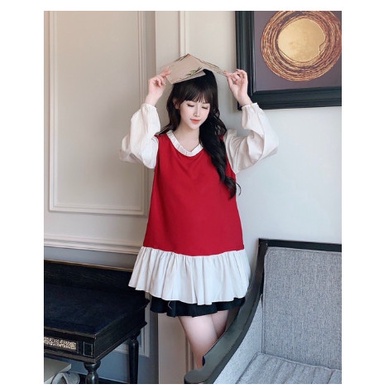 Áo bầu tay dài giả hai lớp phong cách Hàn Quốc sang chảnh dành cho mẹ bầu