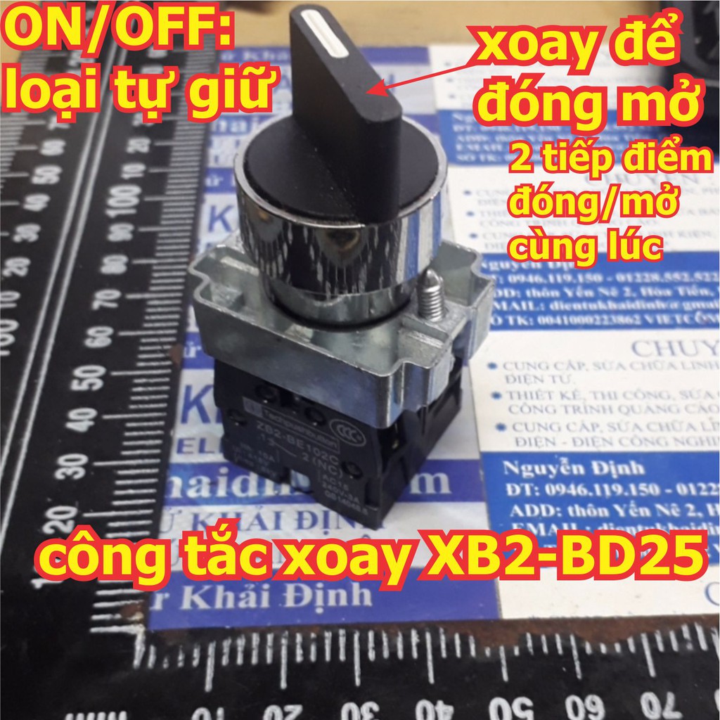 Công tắc xoay tủ điện ON/OFF, tự giữ 1 chiều, 1 thường mở, 1 thường đóng, phi 22mm, XB2-BD25 kde5616