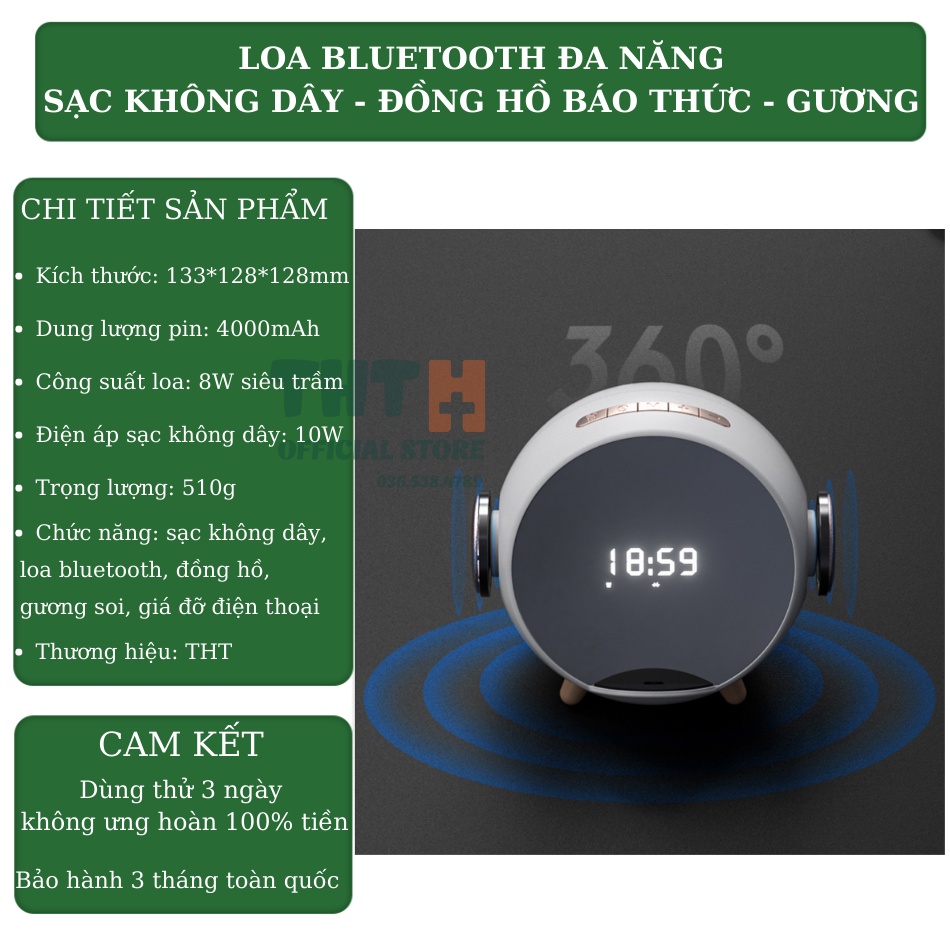 Loa bluetooth thông minh, Kiêm sạc không dây, Đồng hồ báo thức  Mặt gương màn hình led đa chức năng THT
